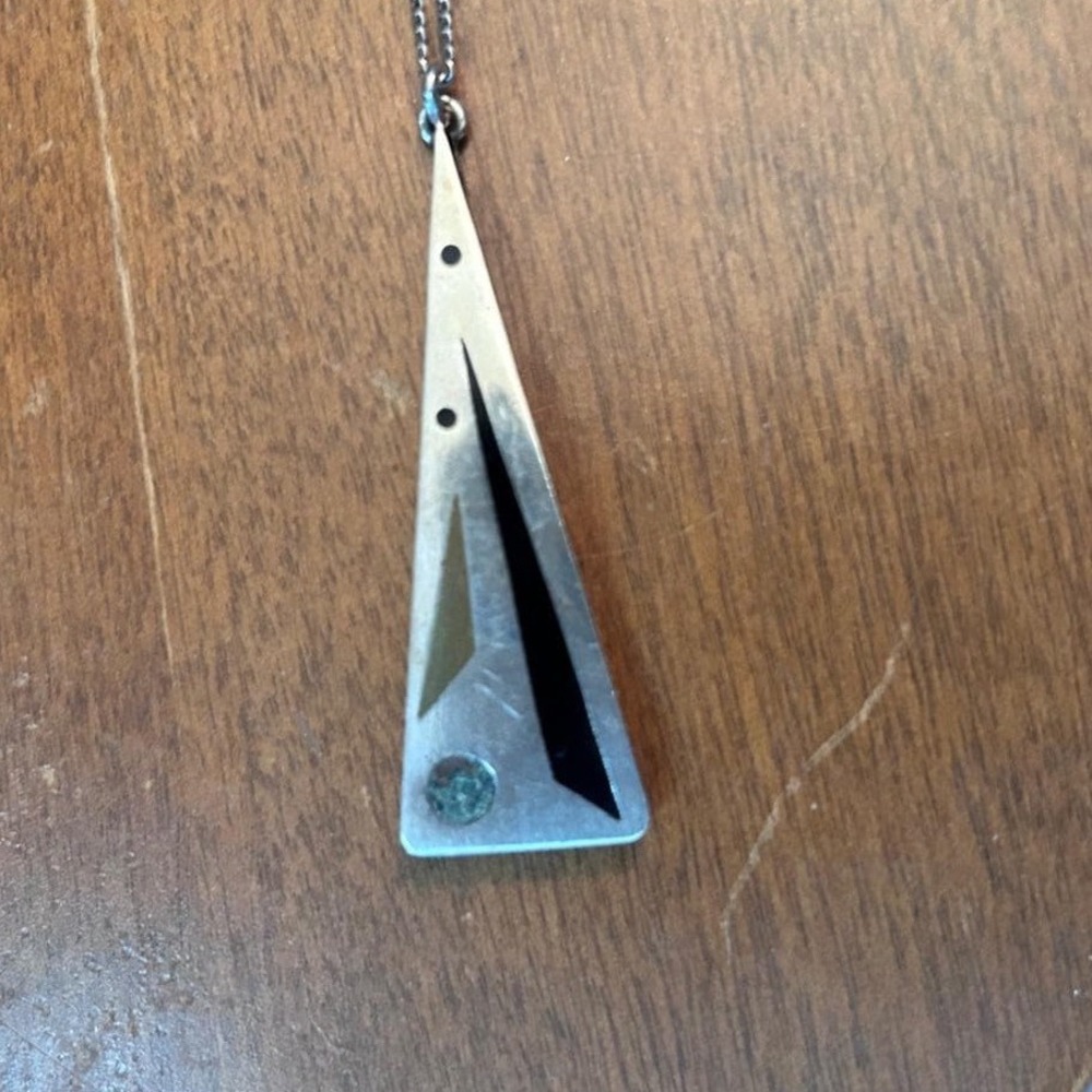 Vintage Popowski Taxco Mexico Sterling Silver Modernist Triangle Inlay Necklace